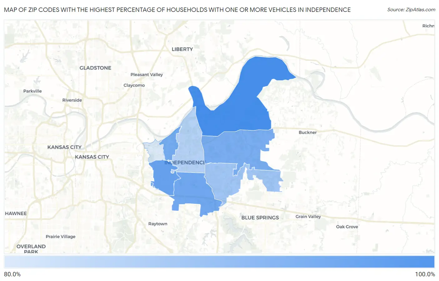 Zip Codes with the Highest Percentage of Households With One or more Vehicles in Independence Map