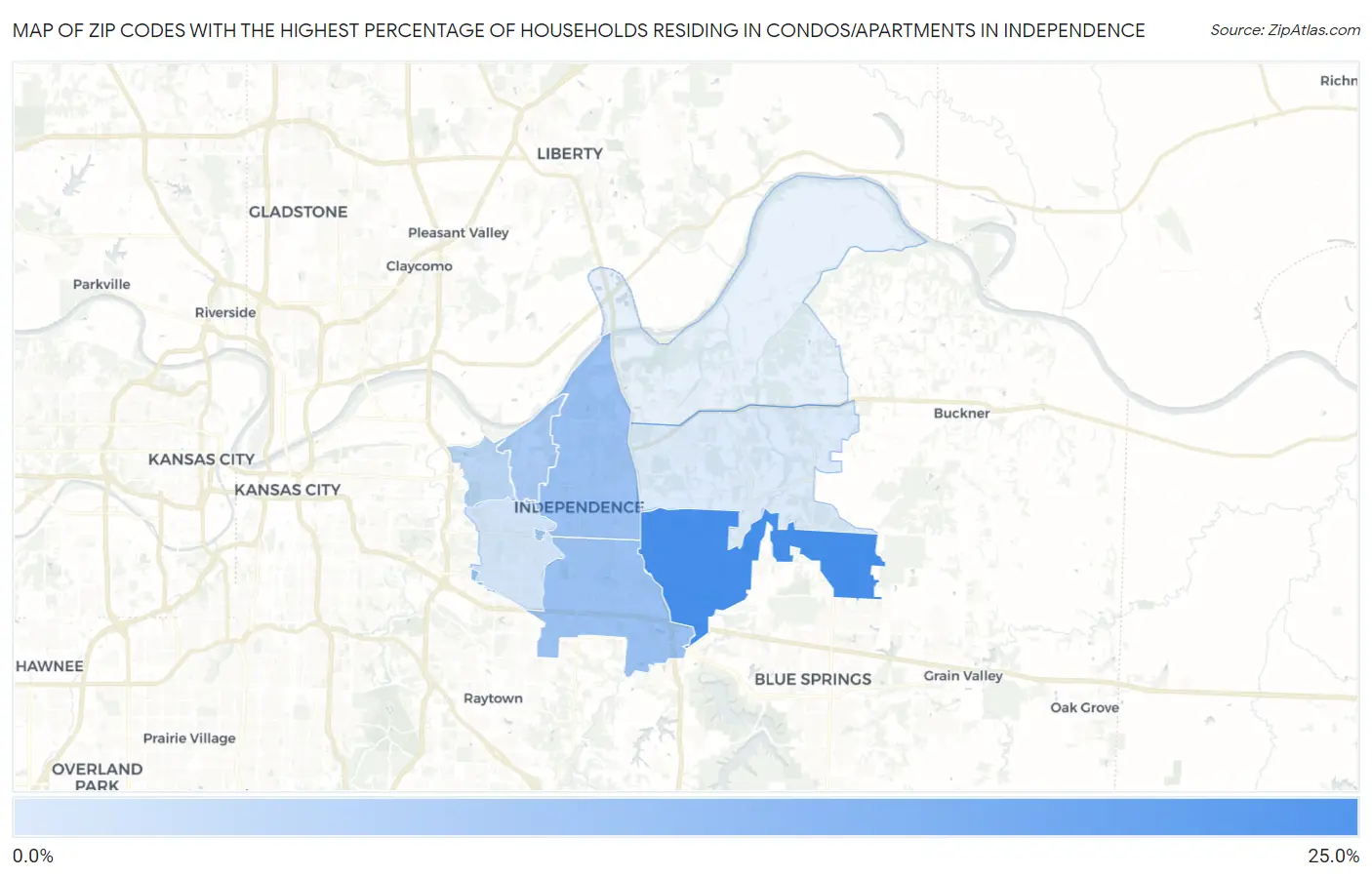 Zip Codes with the Highest Percentage of Households Residing in Condos/Apartments in Independence Map
