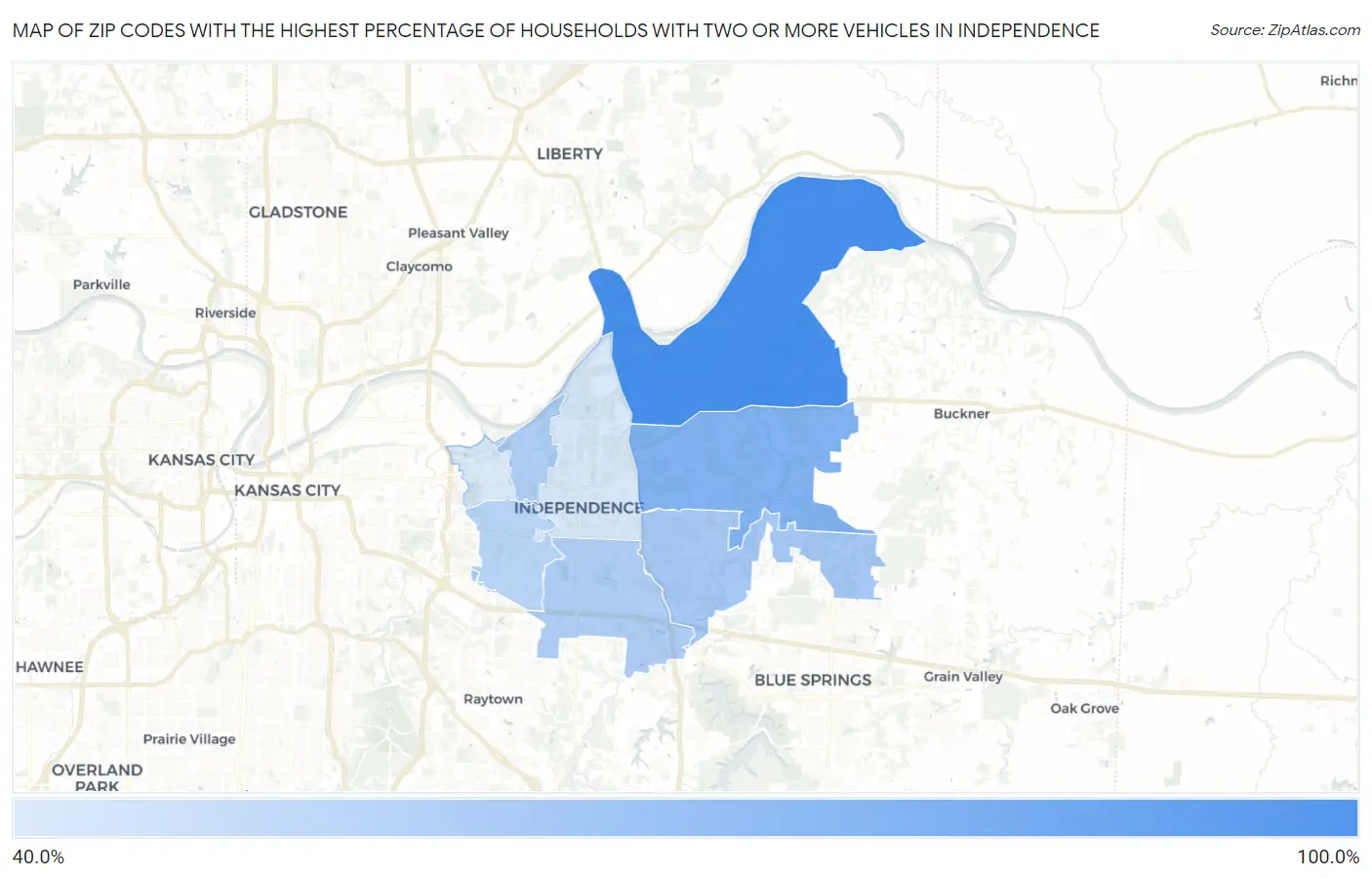 Zip Codes with the Highest Percentage of Households With Two or more Vehicles in Independence Map
