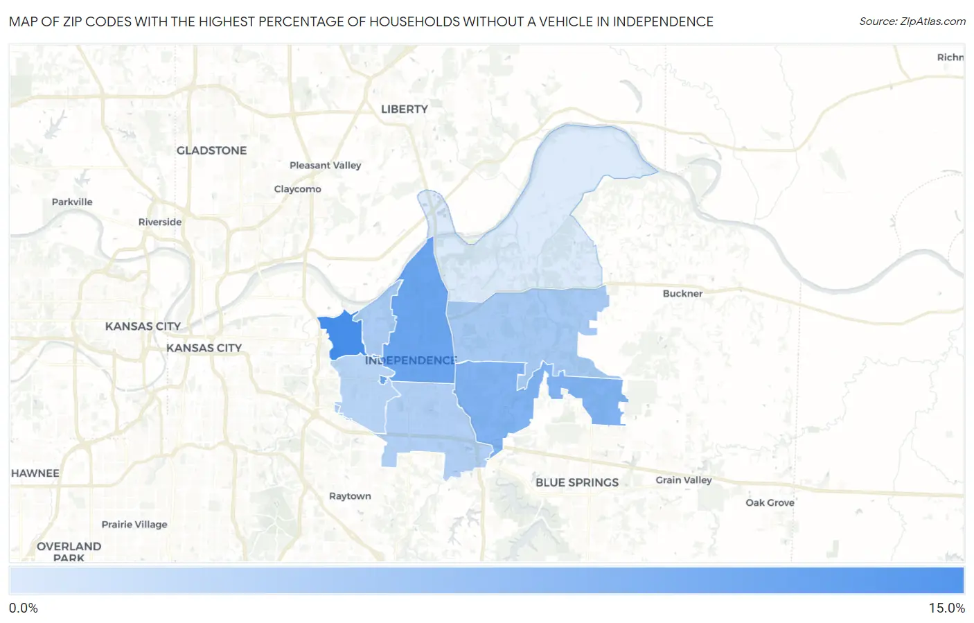 Zip Codes with the Highest Percentage of Households Without a Vehicle in Independence Map