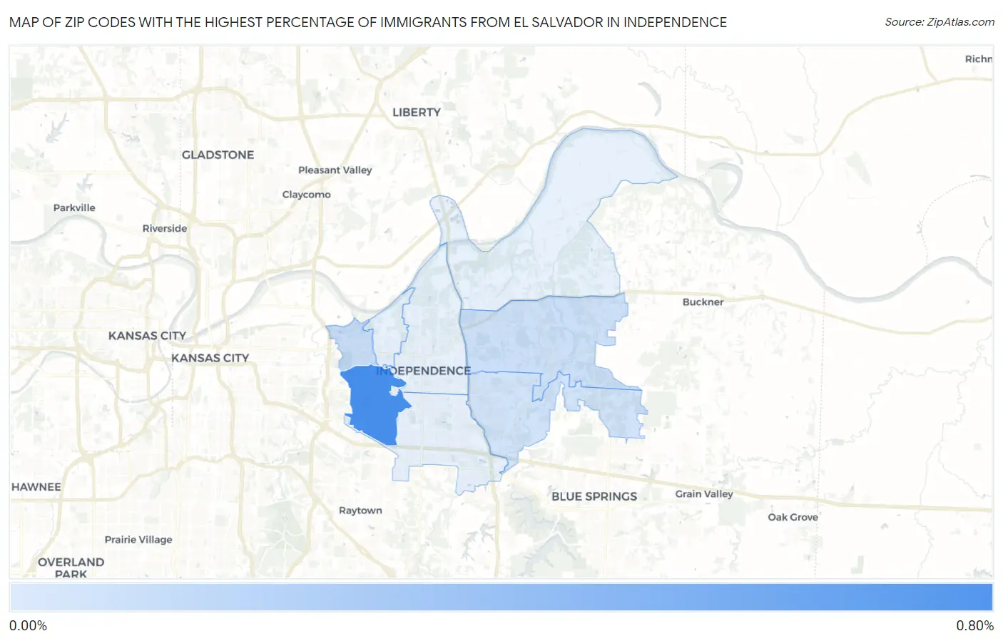 Zip Codes with the Highest Percentage of Immigrants from El Salvador in Independence Map