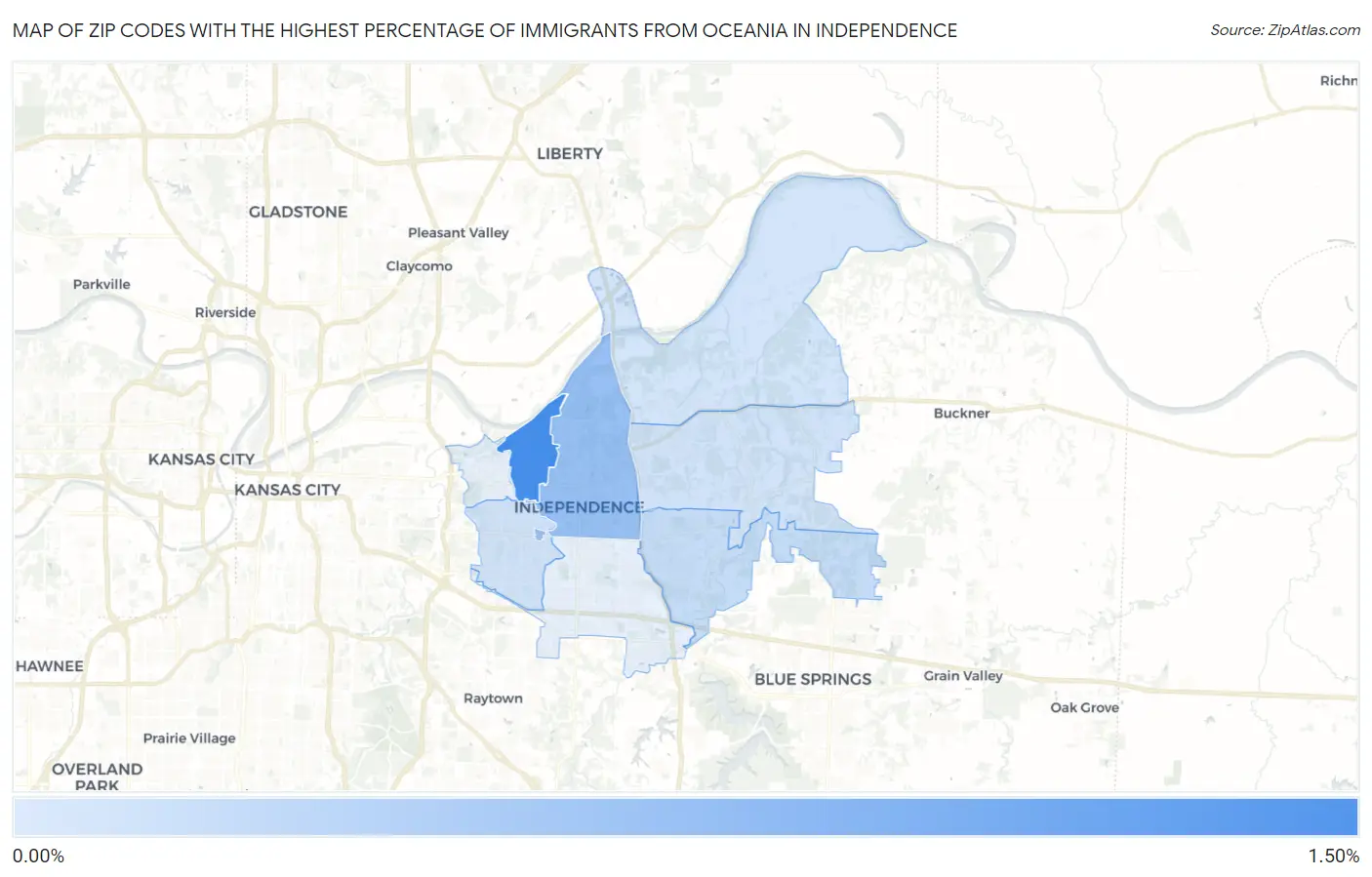 Zip Codes with the Highest Percentage of Immigrants from Oceania in Independence Map