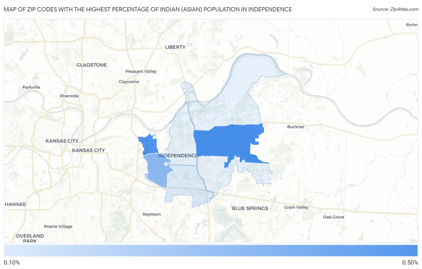 Zip Codes with the Highest Percentage of Indian (Asian) Population in Independence Map