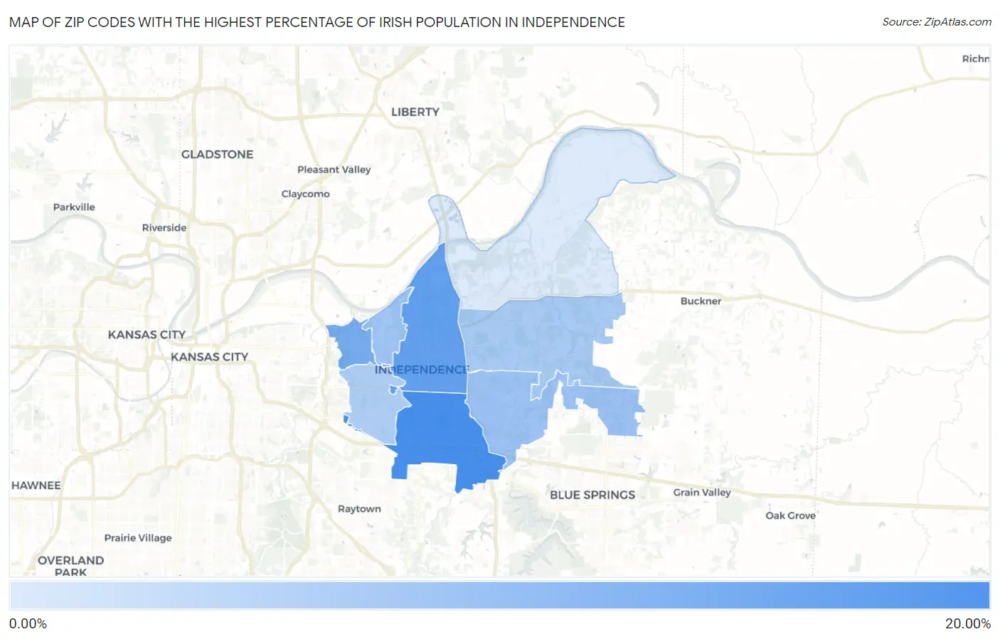 Zip Codes with the Highest Percentage of Irish Population in Independence Map