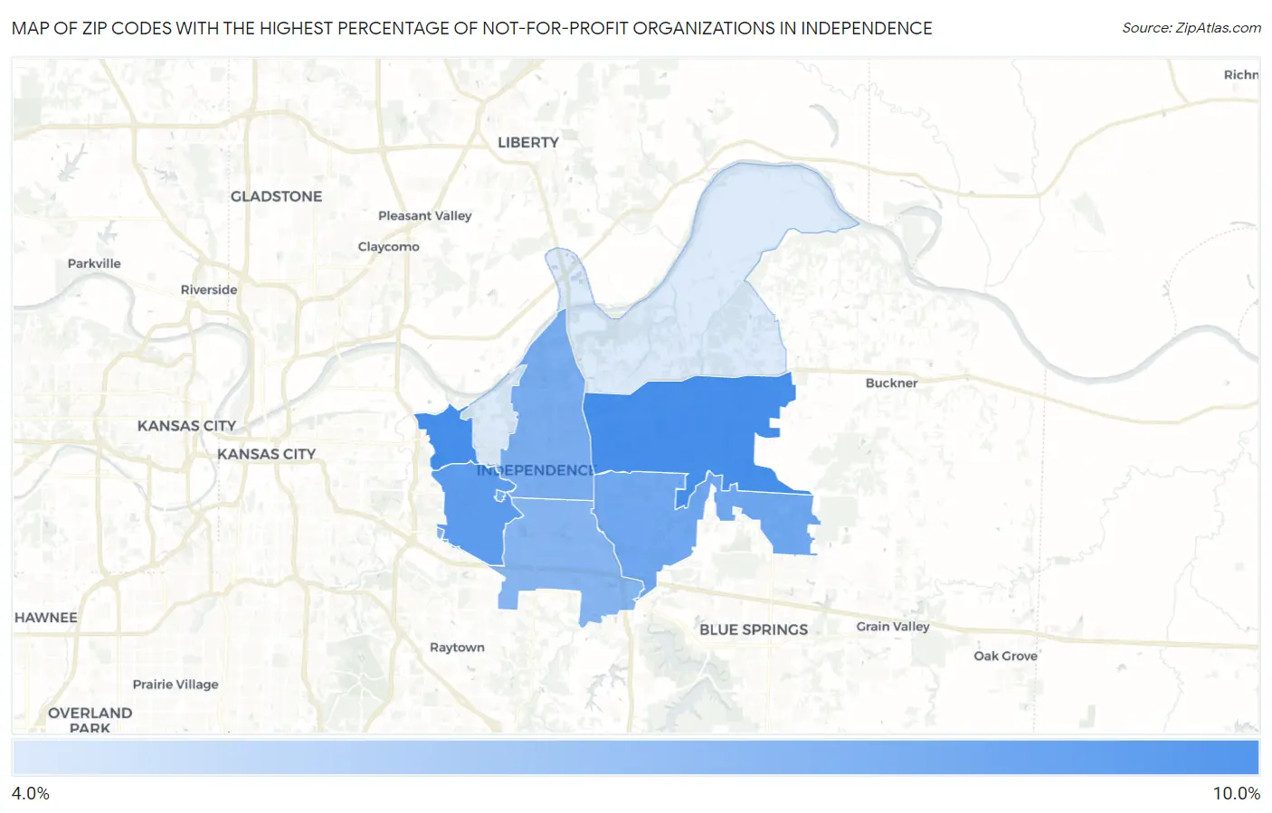 Zip Codes with the Highest Percentage of Not-for-profit Organizations in Independence Map