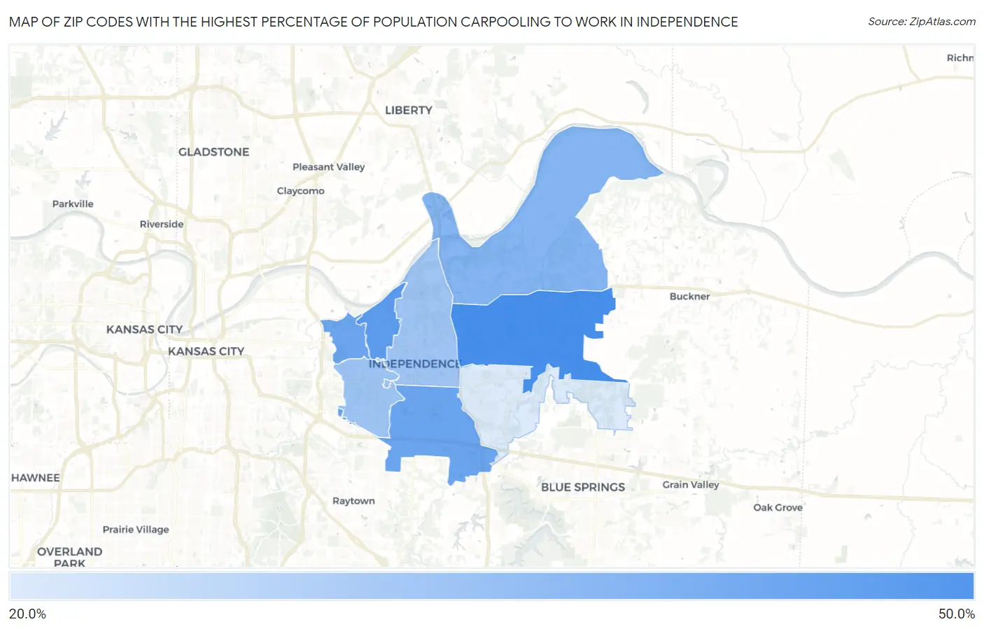 Zip Codes with the Highest Percentage of Population Carpooling to Work in Independence Map
