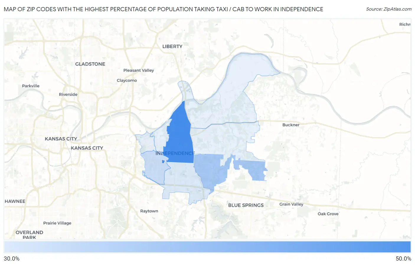 Zip Codes with the Highest Percentage of Population Taking Taxi / Cab to Work in Independence Map