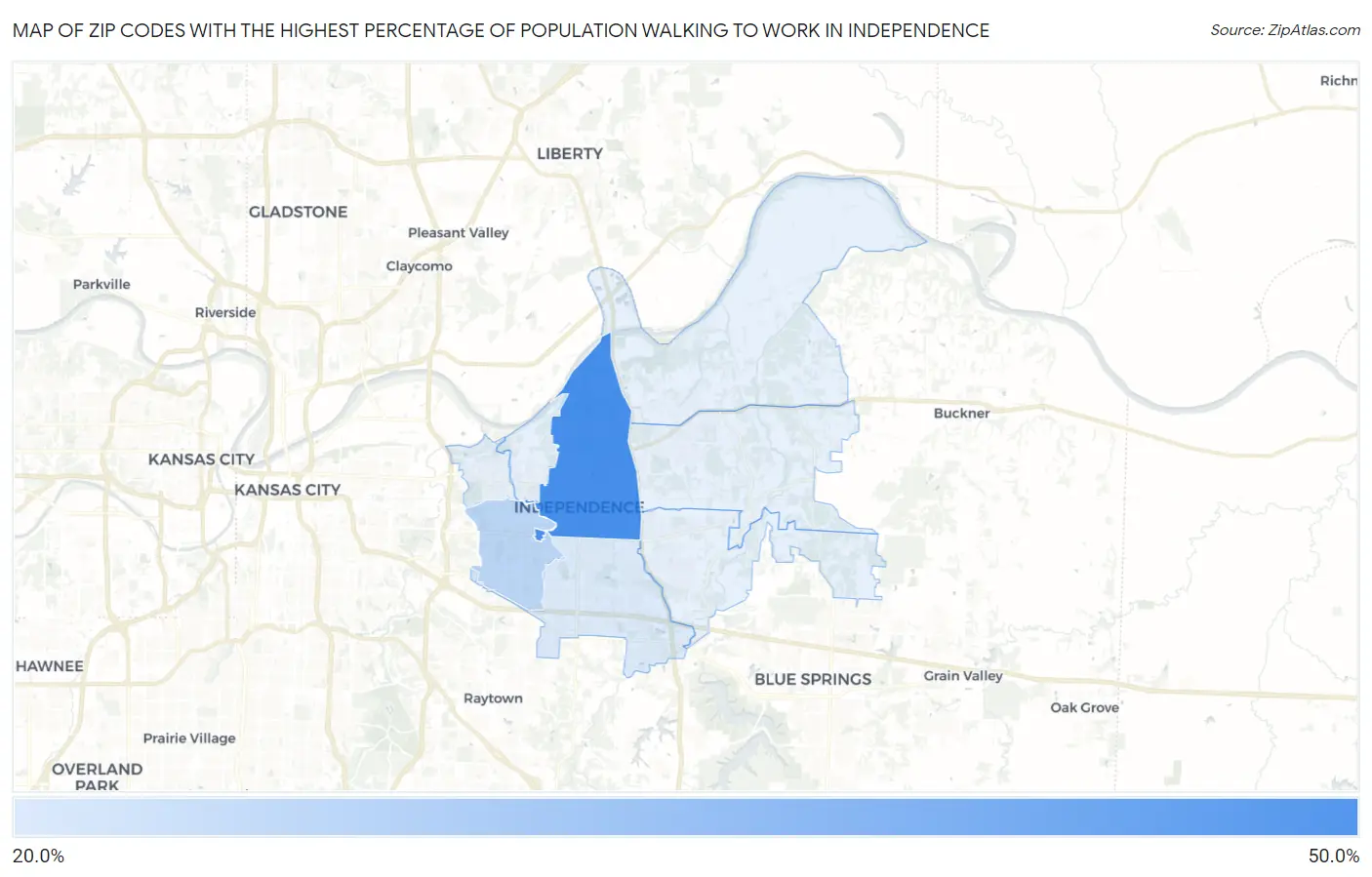 Zip Codes with the Highest Percentage of Population Walking to Work in Independence Map