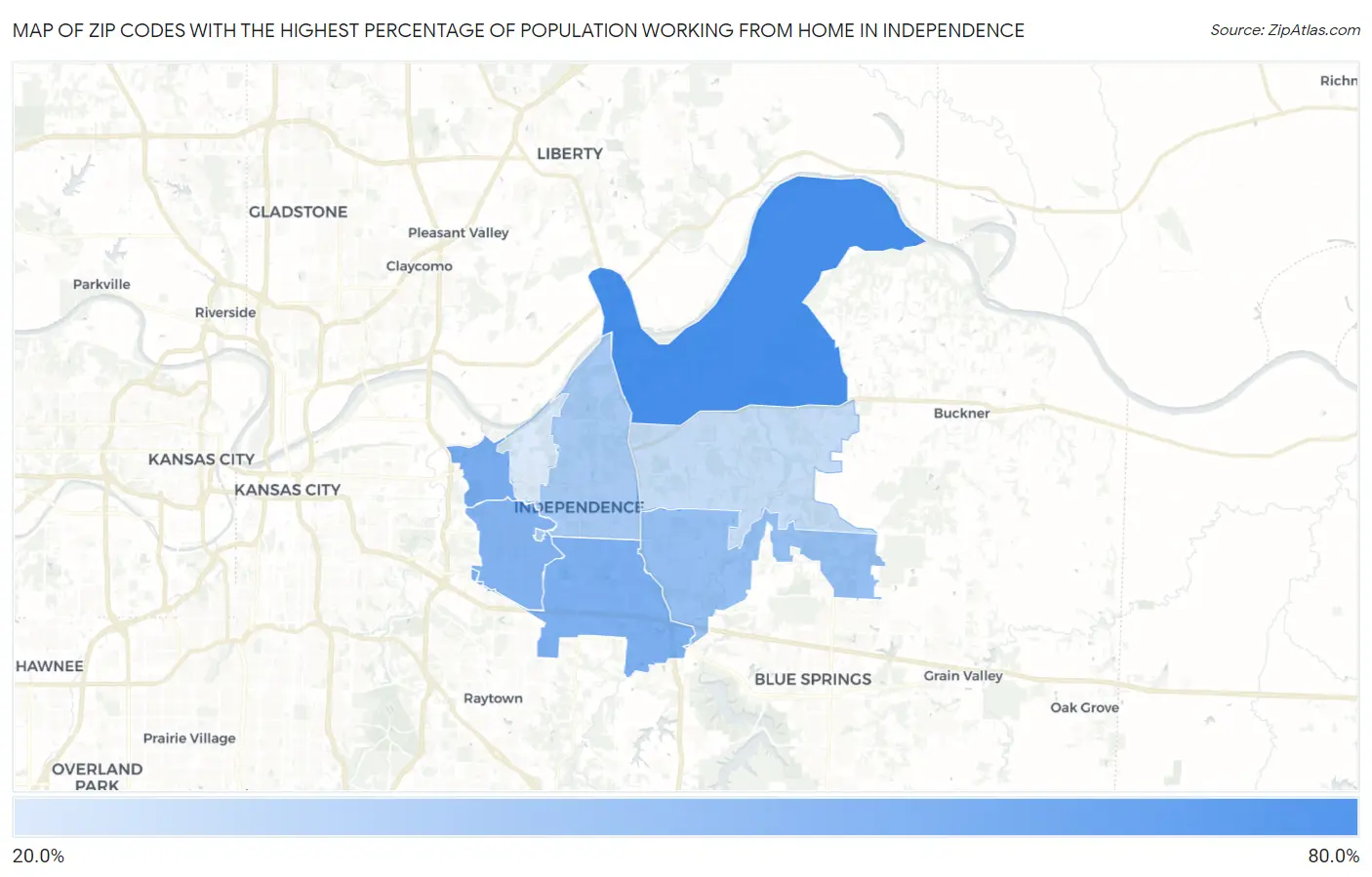 Zip Codes with the Highest Percentage of Population Working from Home in Independence Map