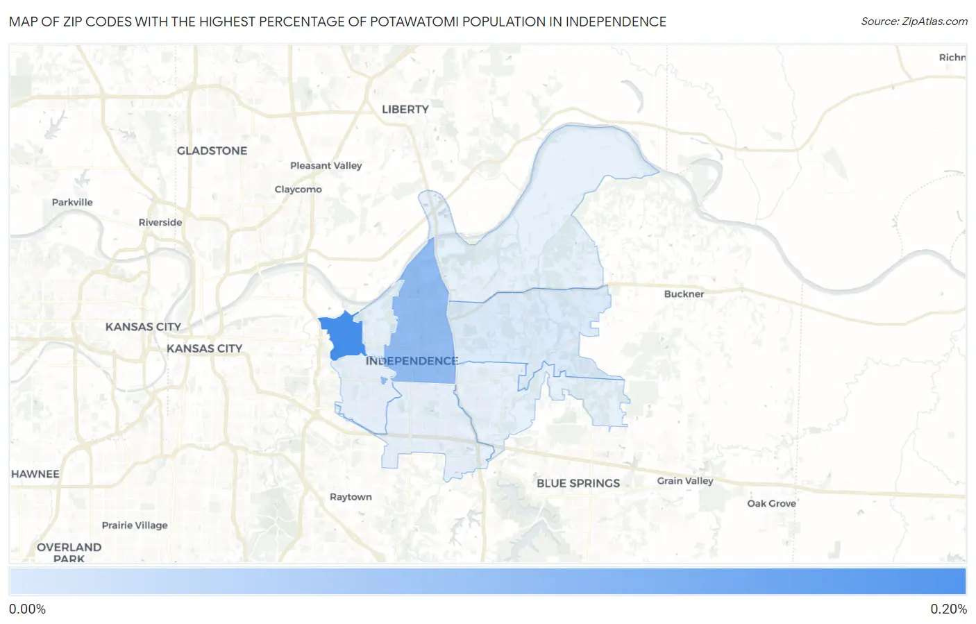 Zip Codes with the Highest Percentage of Potawatomi Population in Independence Map