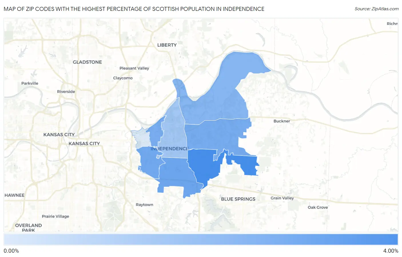 Zip Codes with the Highest Percentage of Scottish Population in Independence Map