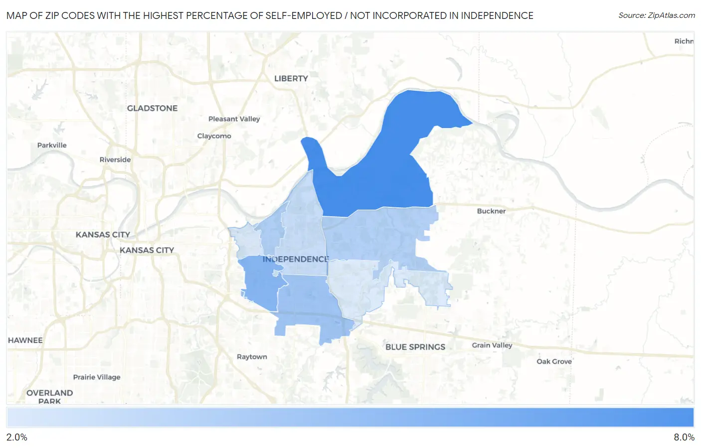 Zip Codes with the Highest Percentage of Self-Employed / Not Incorporated in Independence Map