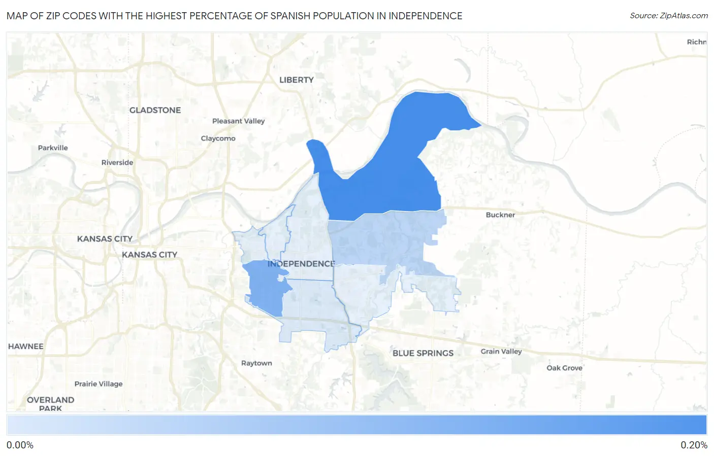 Zip Codes with the Highest Percentage of Spanish Population in Independence Map