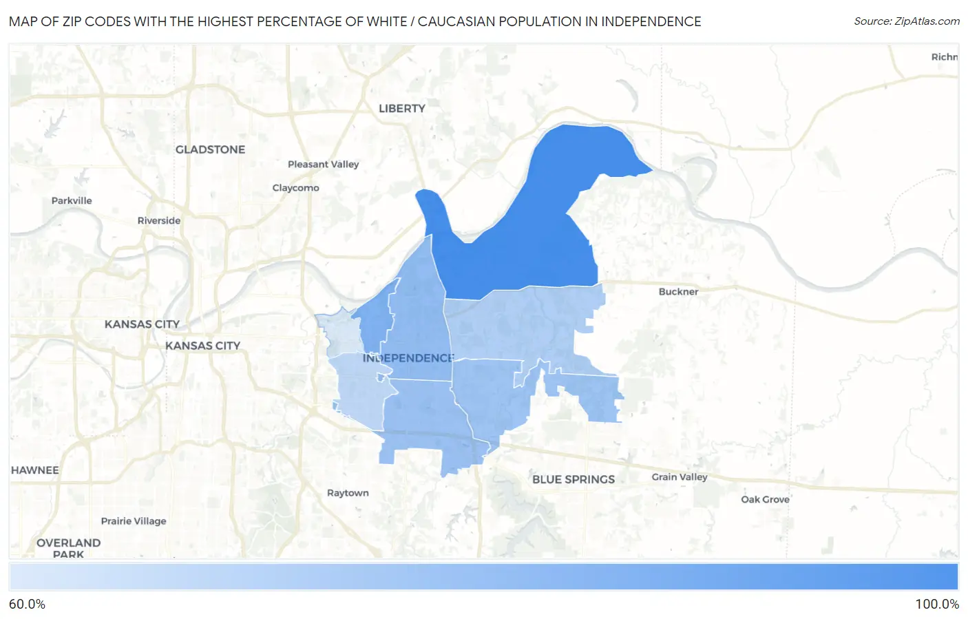 Zip Codes with the Highest Percentage of White / Caucasian Population in Independence Map
