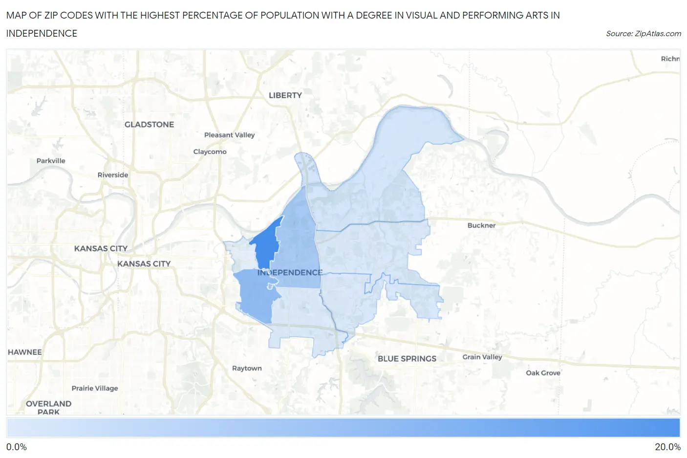 Zip Codes with the Highest Percentage of Population with a Degree in Visual and Performing Arts in Independence Map