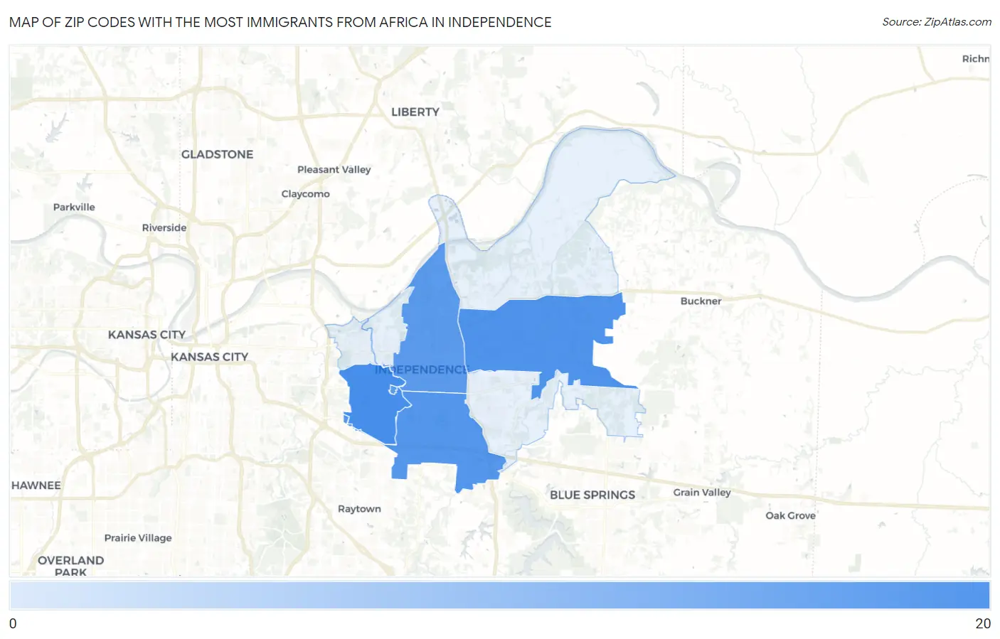 Zip Codes with the Most Immigrants from Africa in Independence Map