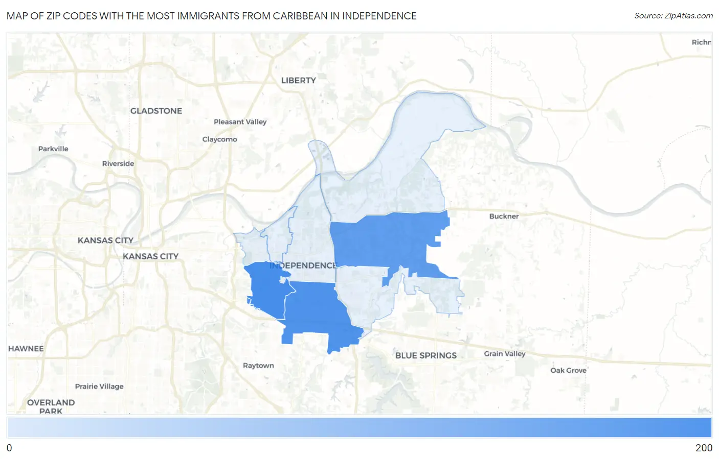 Zip Codes with the Most Immigrants from Caribbean in Independence Map