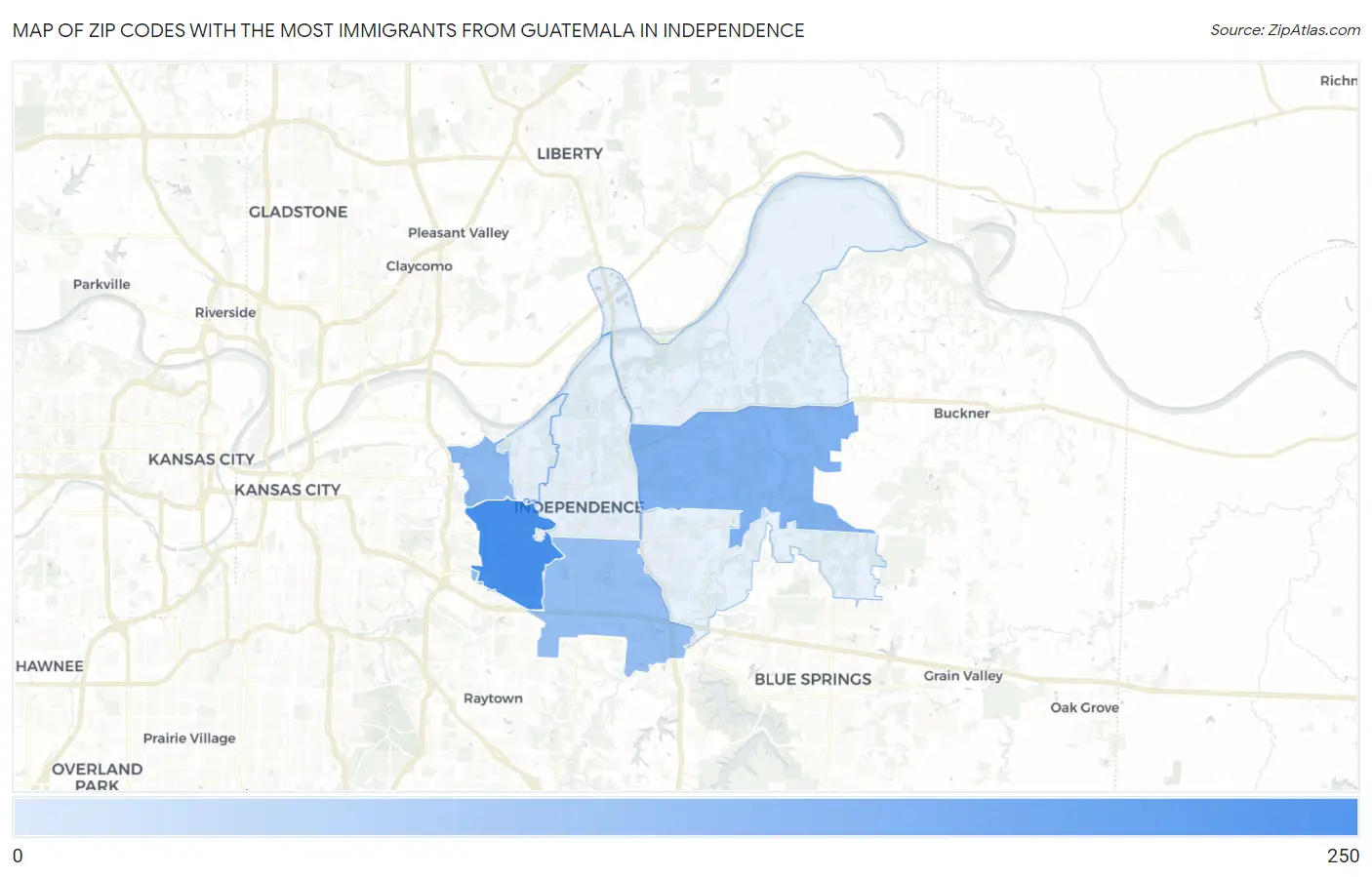 Zip Codes with the Most Immigrants from Guatemala in Independence Map