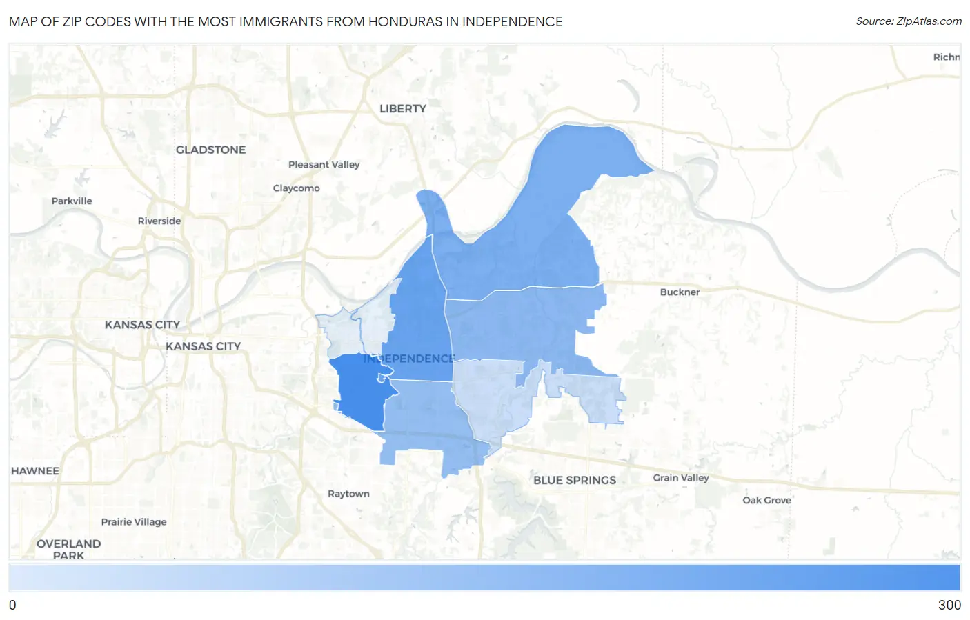 Zip Codes with the Most Immigrants from Honduras in Independence Map