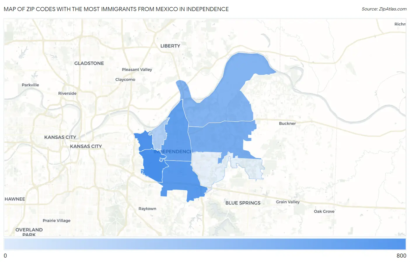 Zip Codes with the Most Immigrants from Mexico in Independence Map