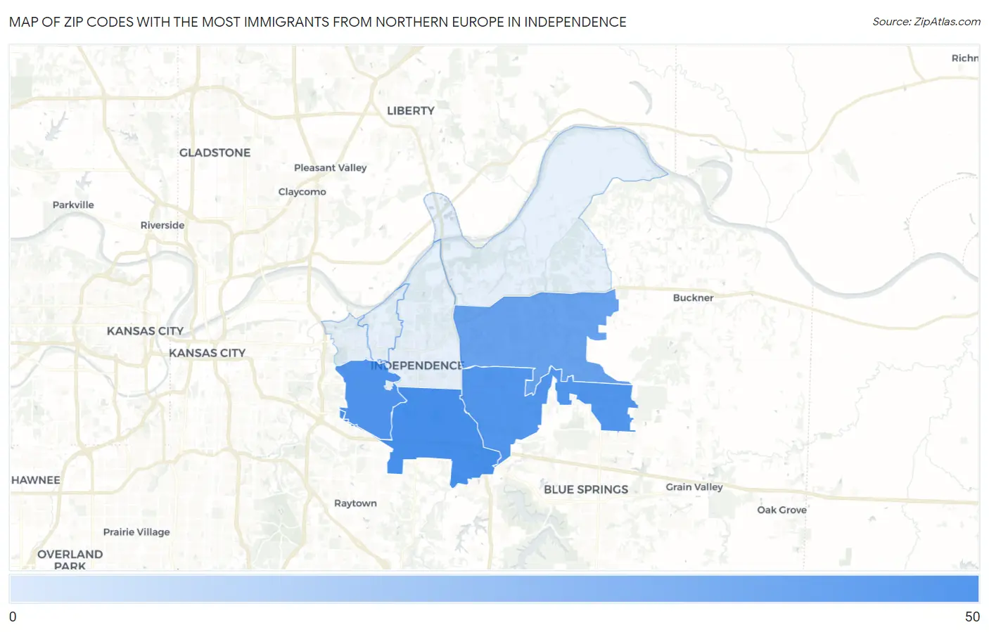 Zip Codes with the Most Immigrants from Northern Europe in Independence Map