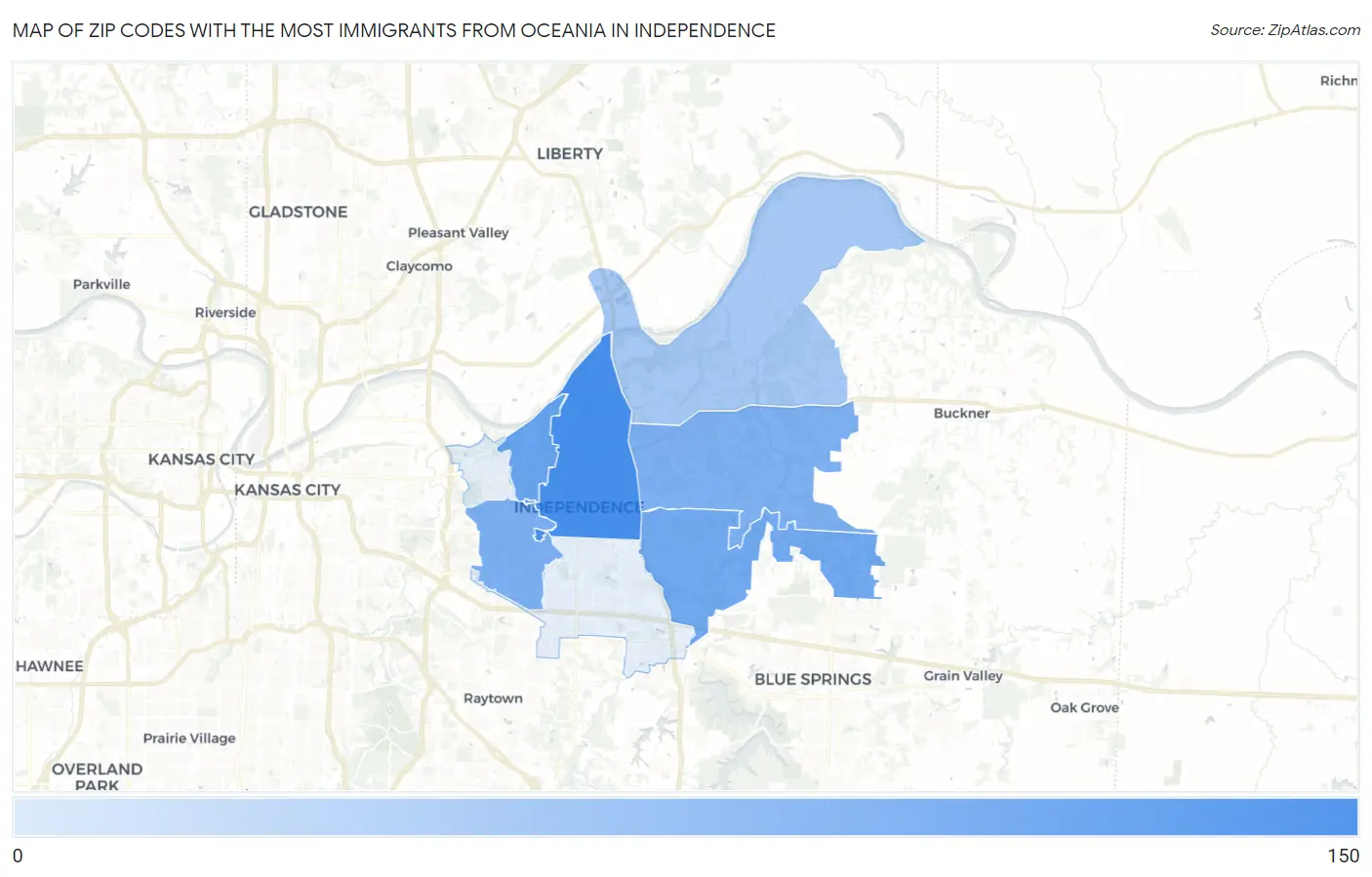 Zip Codes with the Most Immigrants from Oceania in Independence Map