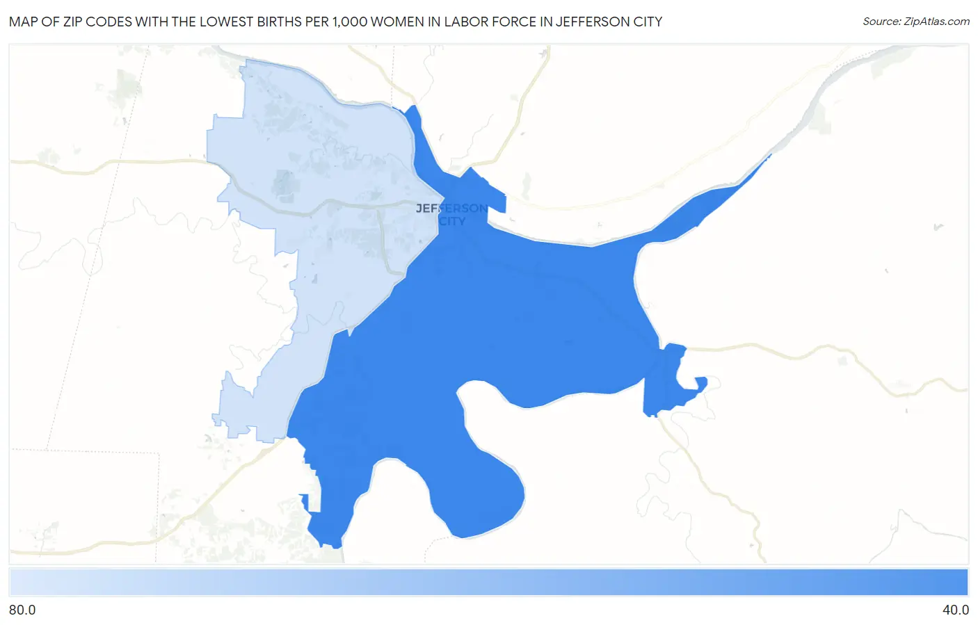 Zip Codes with the Lowest Births per 1,000 Women in Labor Force in Jefferson City Map