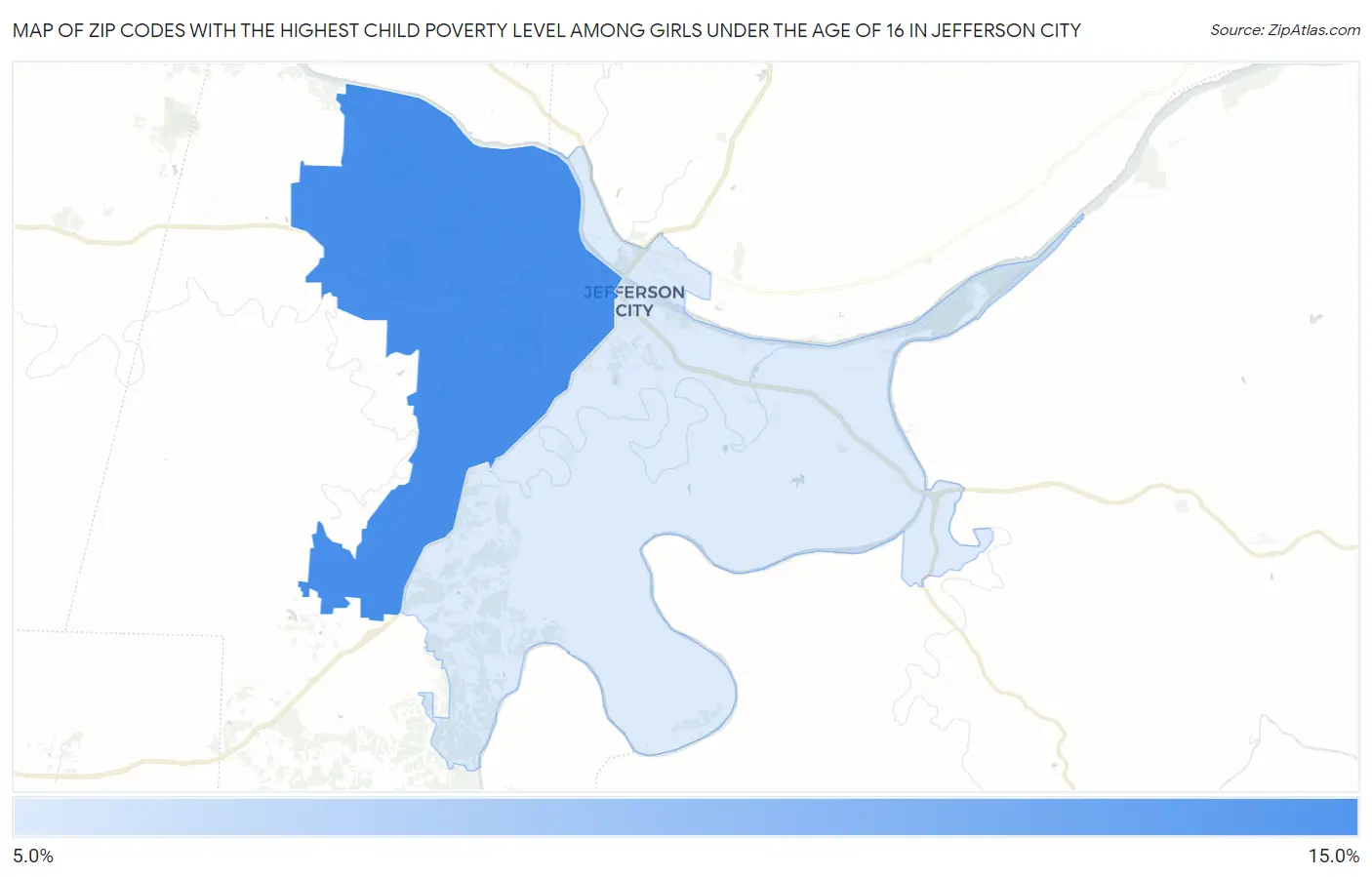 Zip Codes with the Highest Child Poverty Level Among Girls Under the Age of 16 in Jefferson City Map