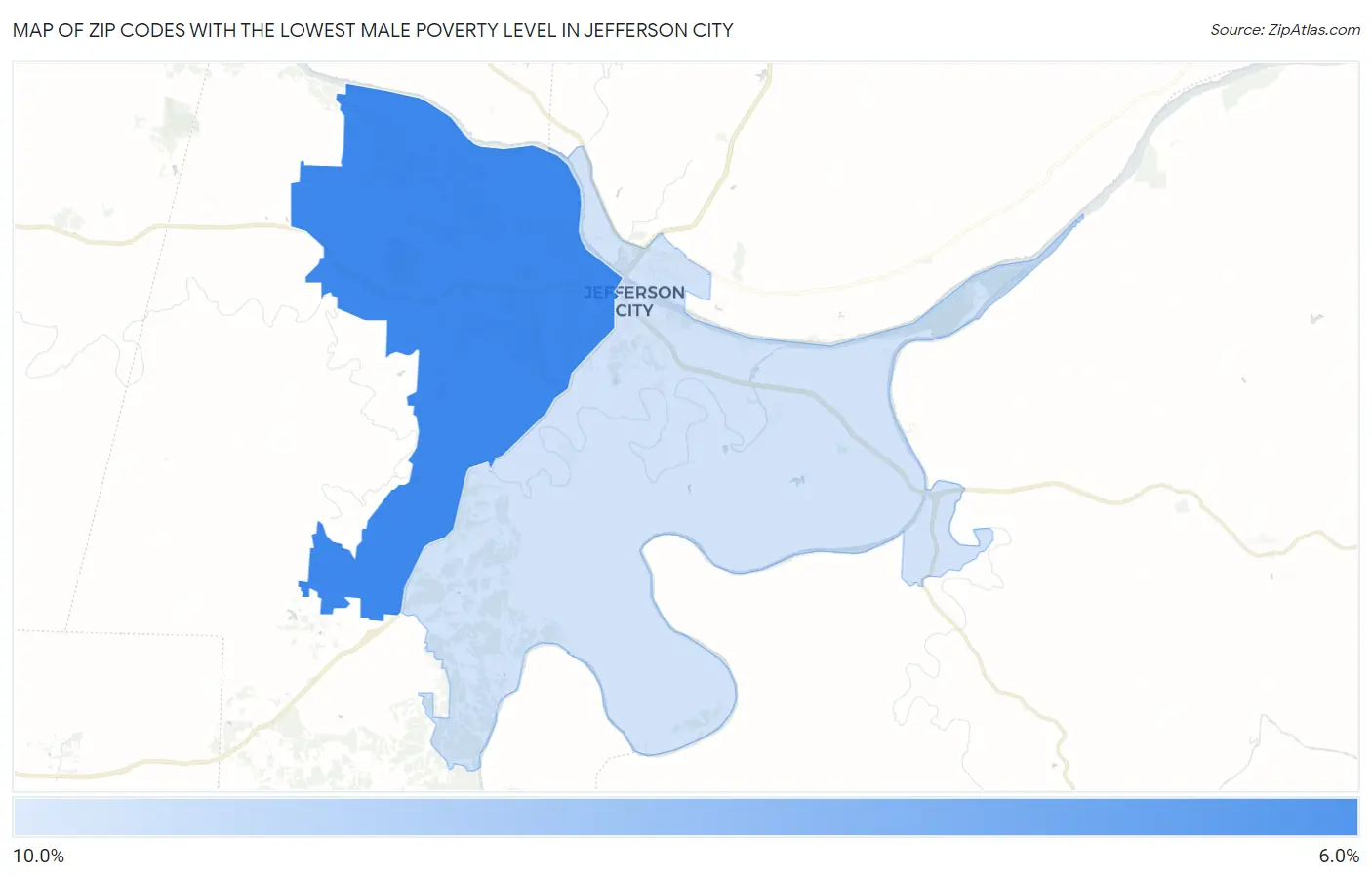 Zip Codes with the Lowest Male Poverty Level in Jefferson City Map