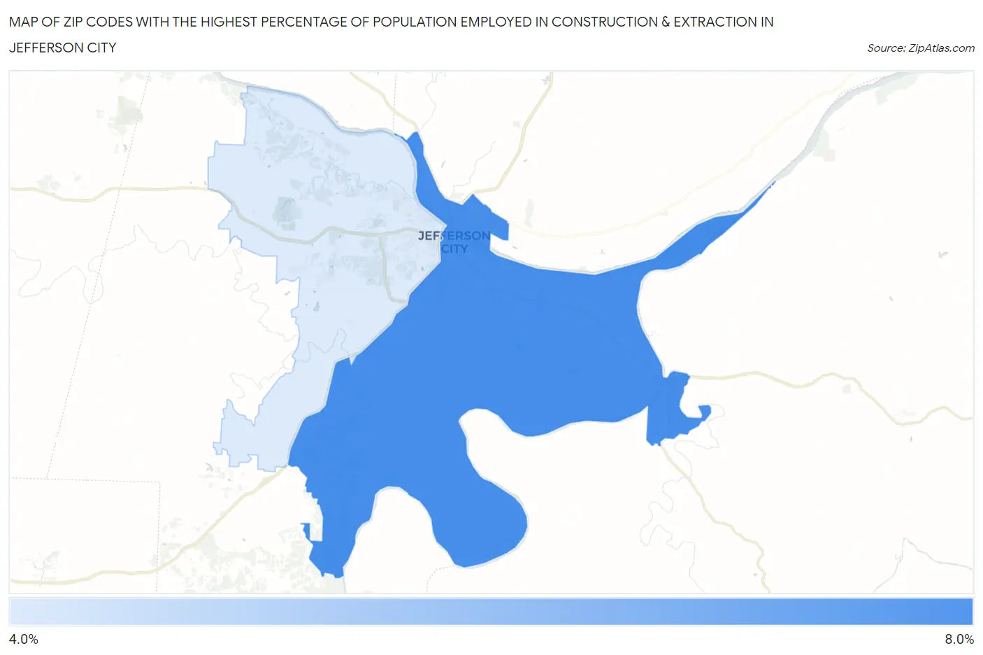 Zip Codes with the Highest Percentage of Population Employed in Construction & Extraction in Jefferson City Map