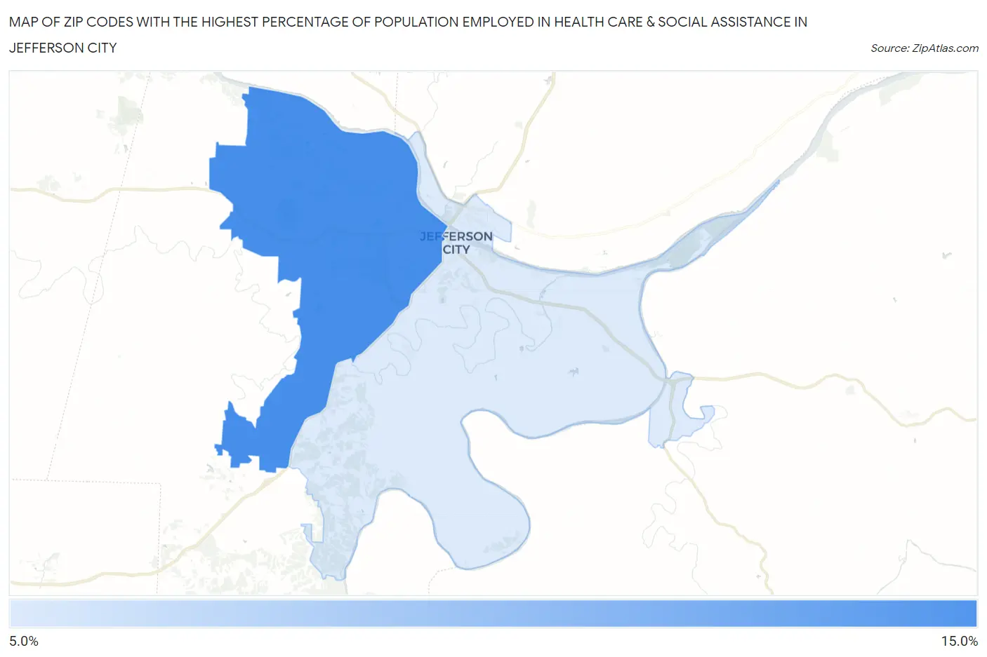 Zip Codes with the Highest Percentage of Population Employed in Health Care & Social Assistance in Jefferson City Map