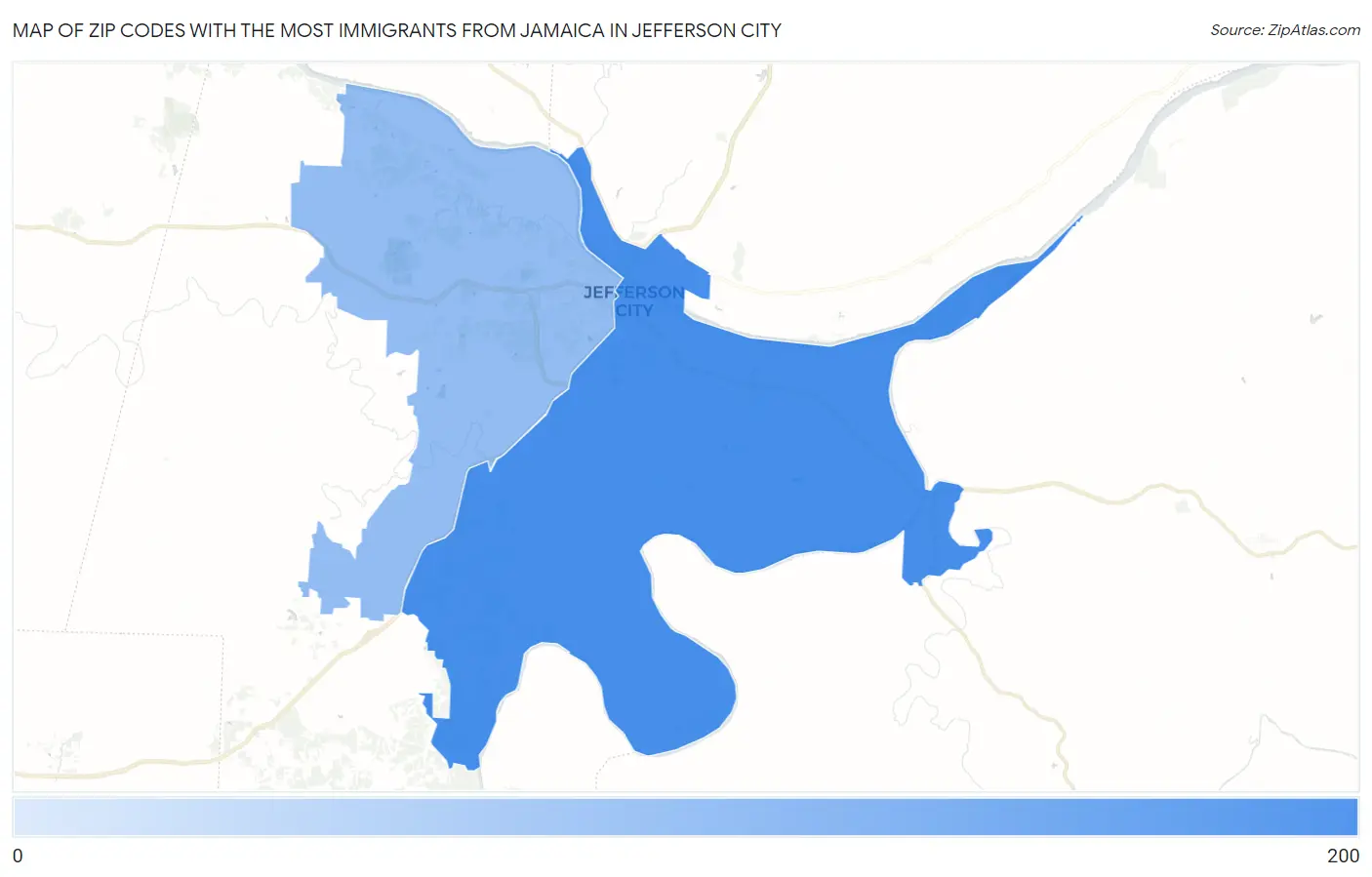 Zip Codes with the Most Immigrants from Jamaica in Jefferson City Map