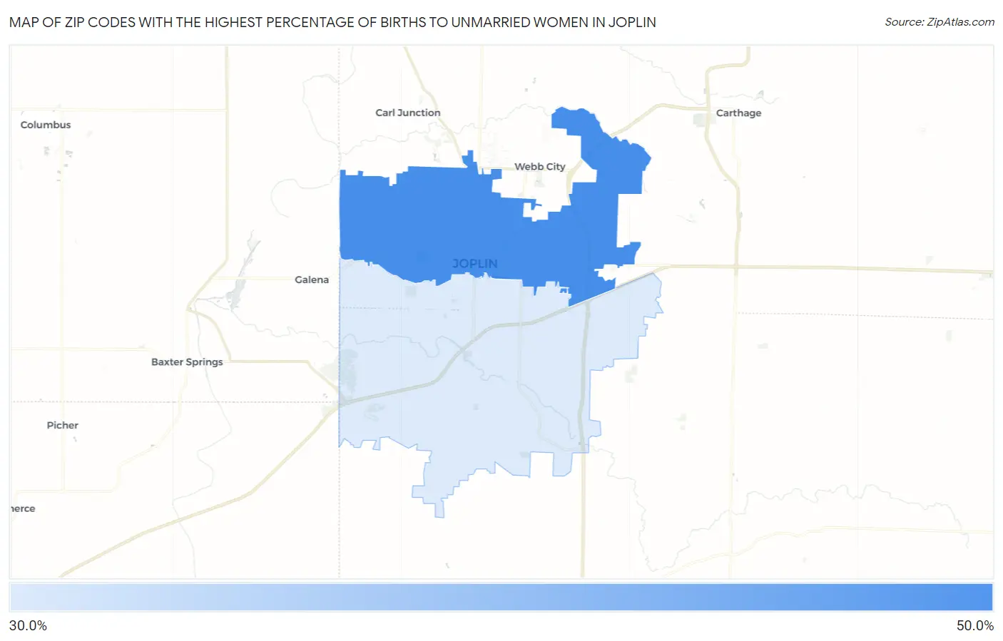 Zip Codes with the Highest Percentage of Births to Unmarried Women in Joplin Map