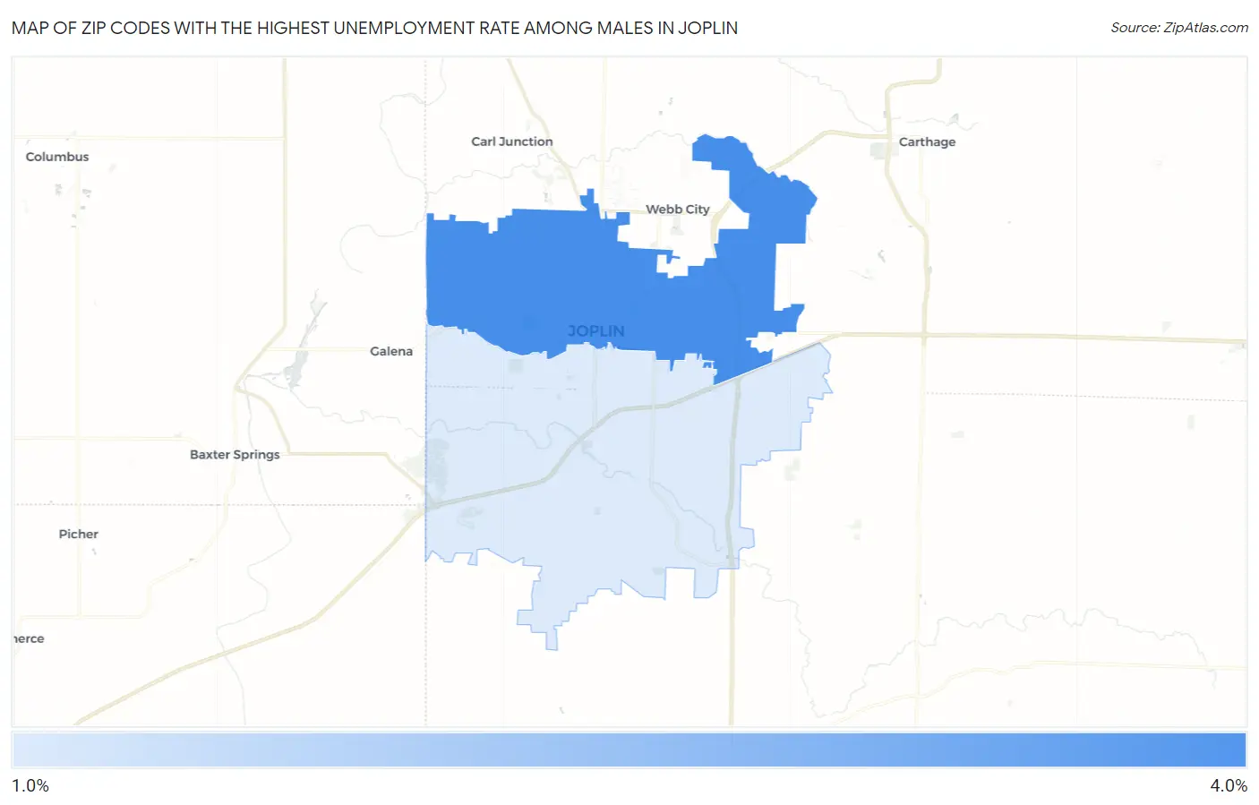 Zip Codes with the Highest Unemployment Rate Among Males in Joplin Map