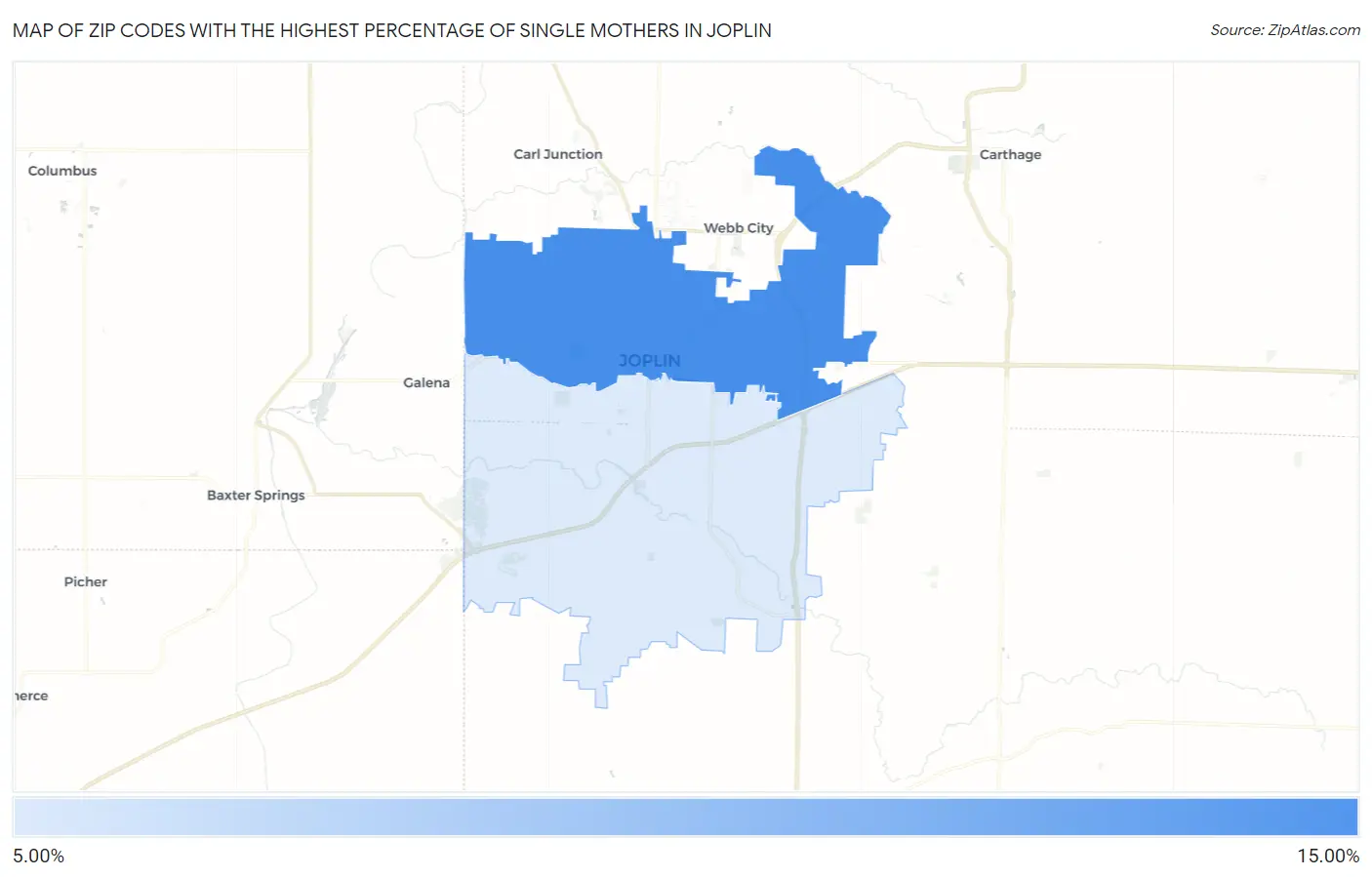 Zip Codes with the Highest Percentage of Single Mothers in Joplin Map