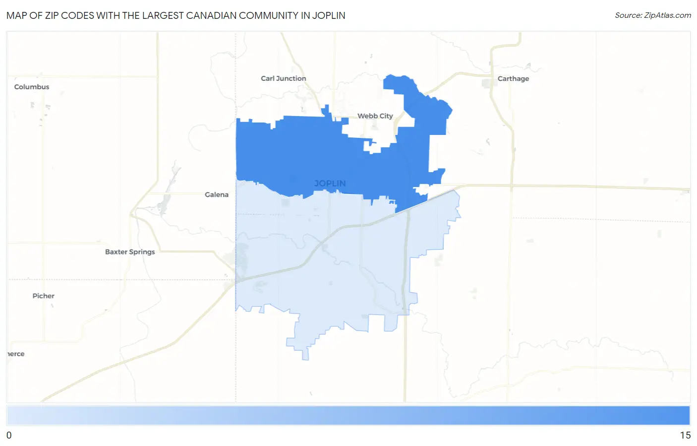 Zip Codes with the Largest Canadian Community in Joplin Map