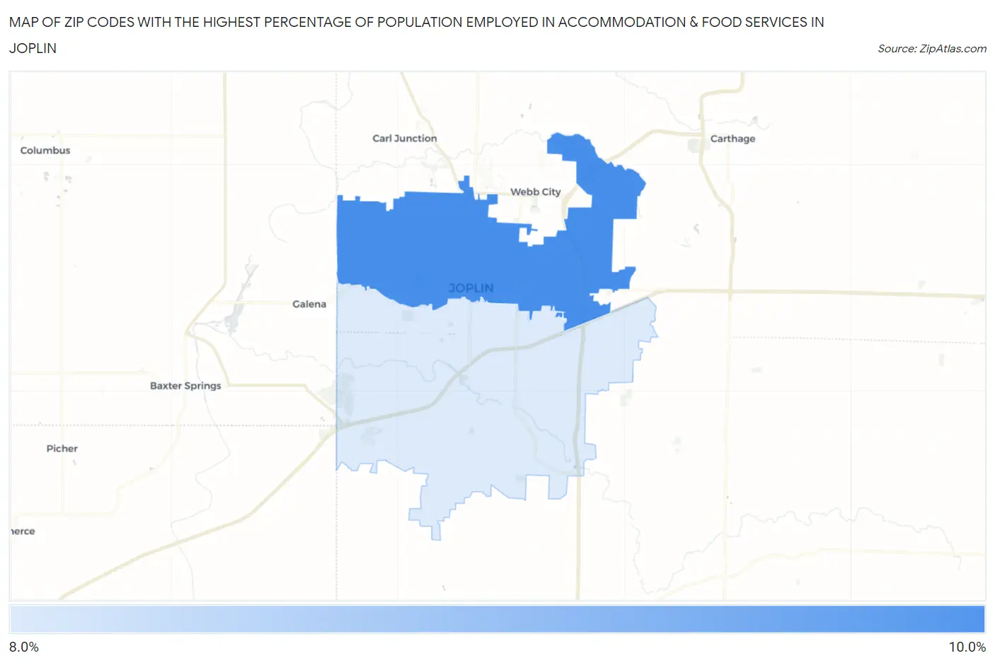 Zip Codes with the Highest Percentage of Population Employed in Accommodation & Food Services in Joplin Map