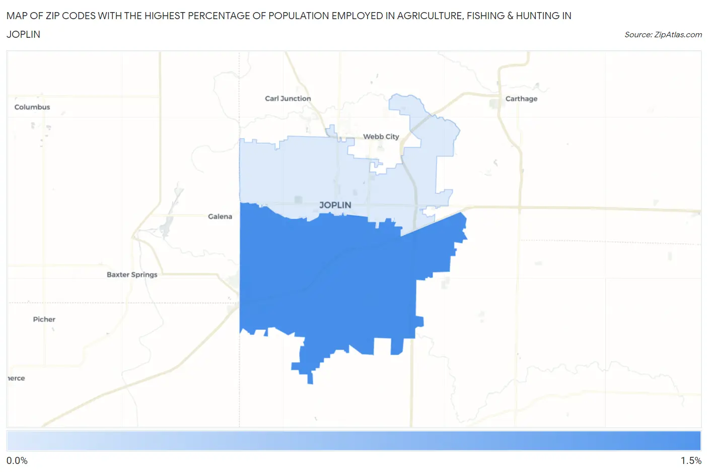 Zip Codes with the Highest Percentage of Population Employed in Agriculture, Fishing & Hunting in Joplin Map