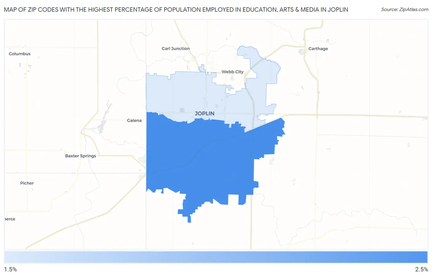 Zip Codes with the Highest Percentage of Population Employed in Education, Arts & Media in Joplin Map