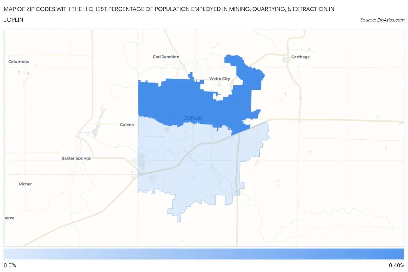 Zip Codes with the Highest Percentage of Population Employed in Mining, Quarrying, & Extraction in Joplin Map