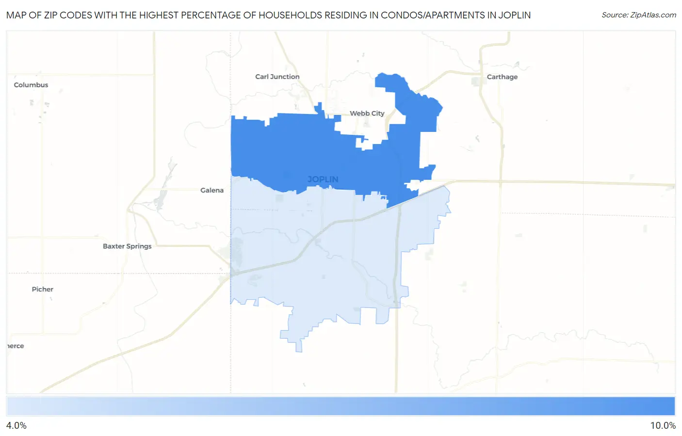 Zip Codes with the Highest Percentage of Households Residing in Condos/Apartments in Joplin Map