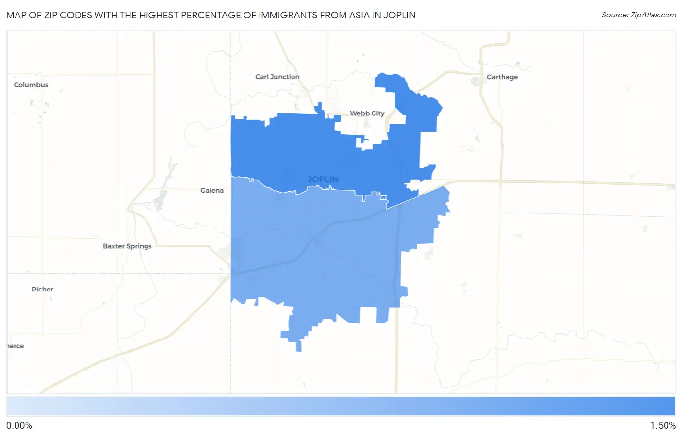 Zip Codes with the Highest Percentage of Immigrants from Asia in Joplin Map