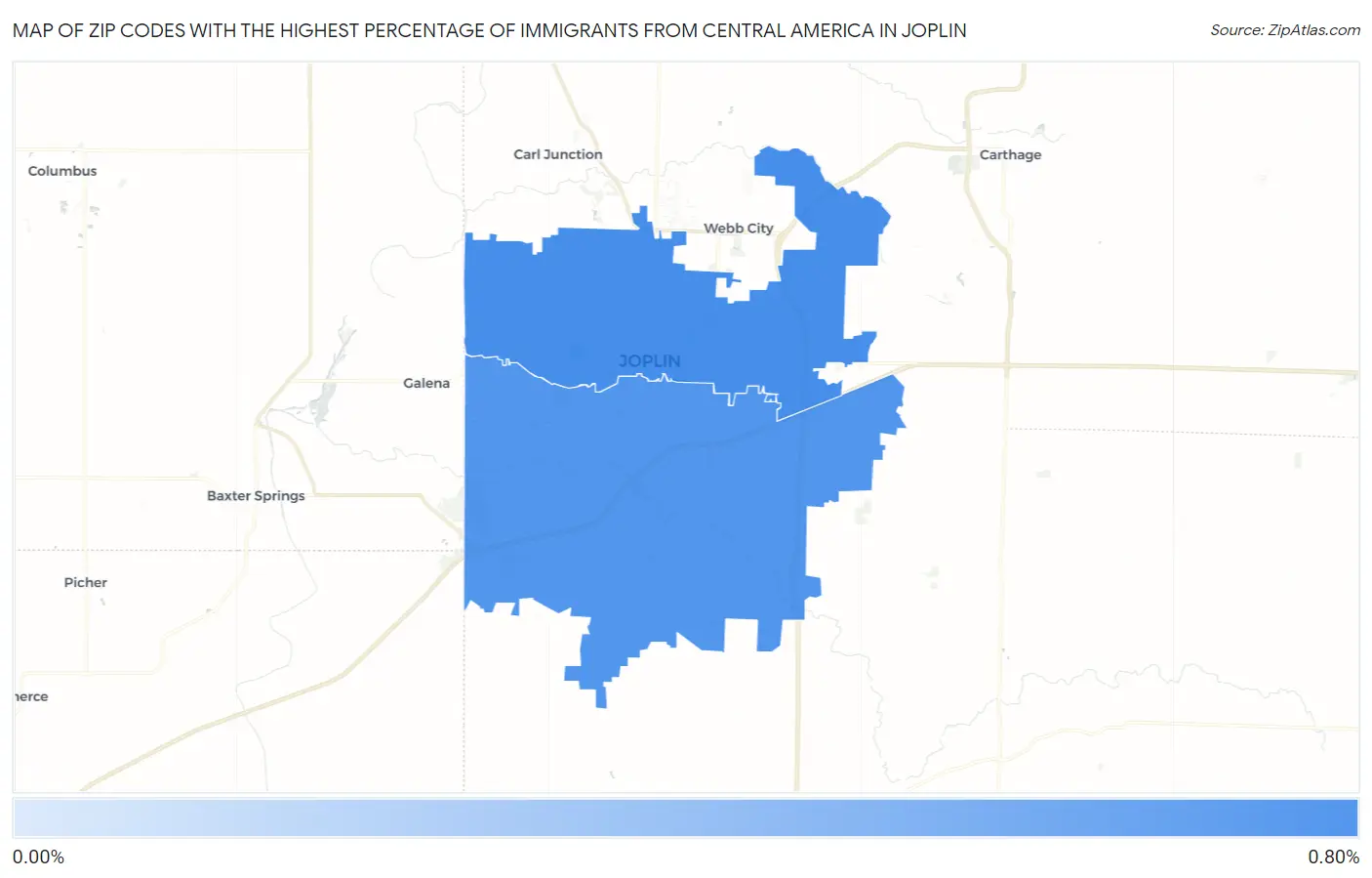Zip Codes with the Highest Percentage of Immigrants from Central America in Joplin Map