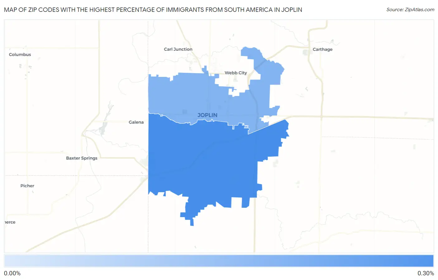 Zip Codes with the Highest Percentage of Immigrants from South America in Joplin Map