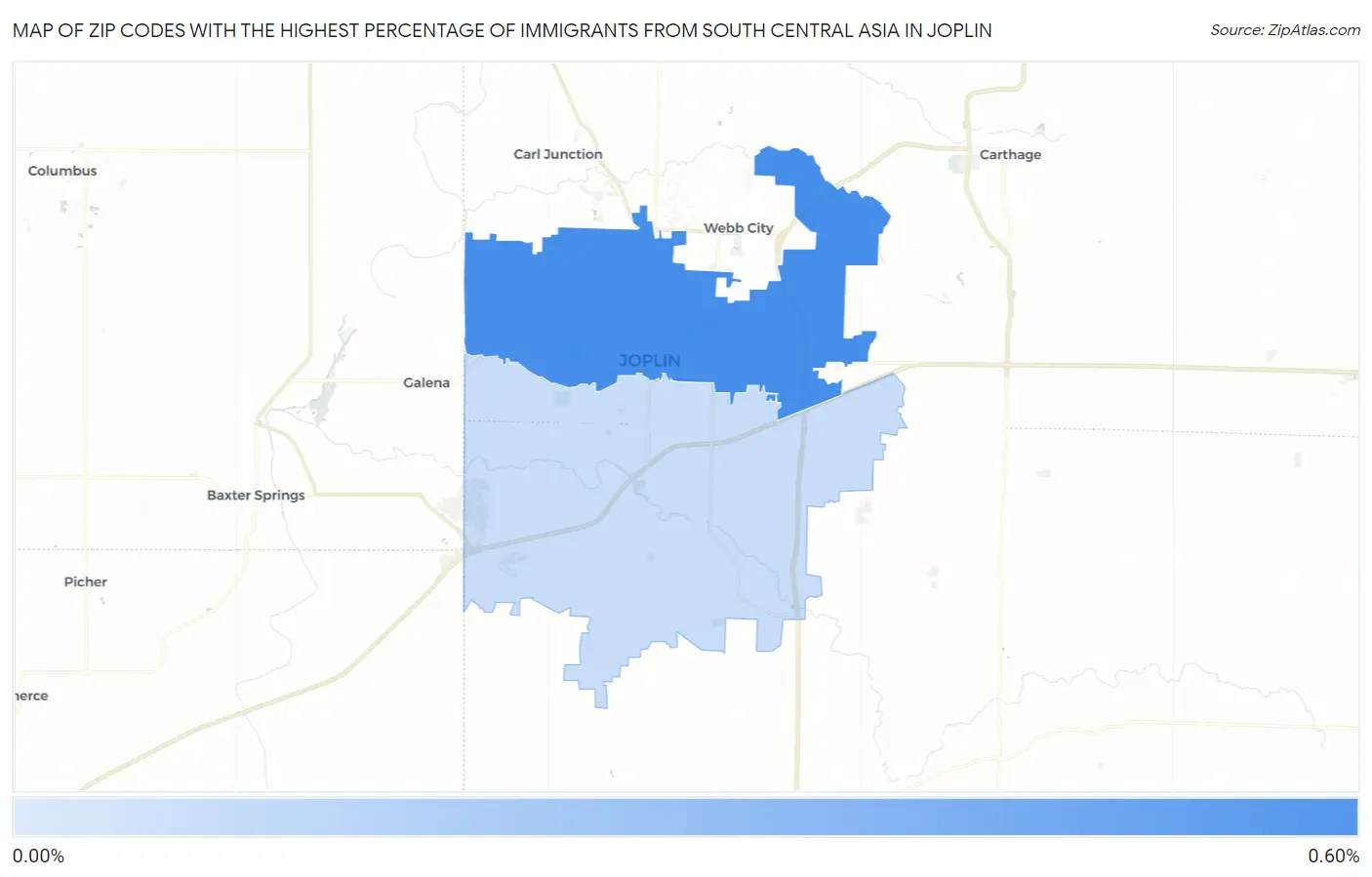 Zip Codes with the Highest Percentage of Immigrants from South Central Asia in Joplin Map