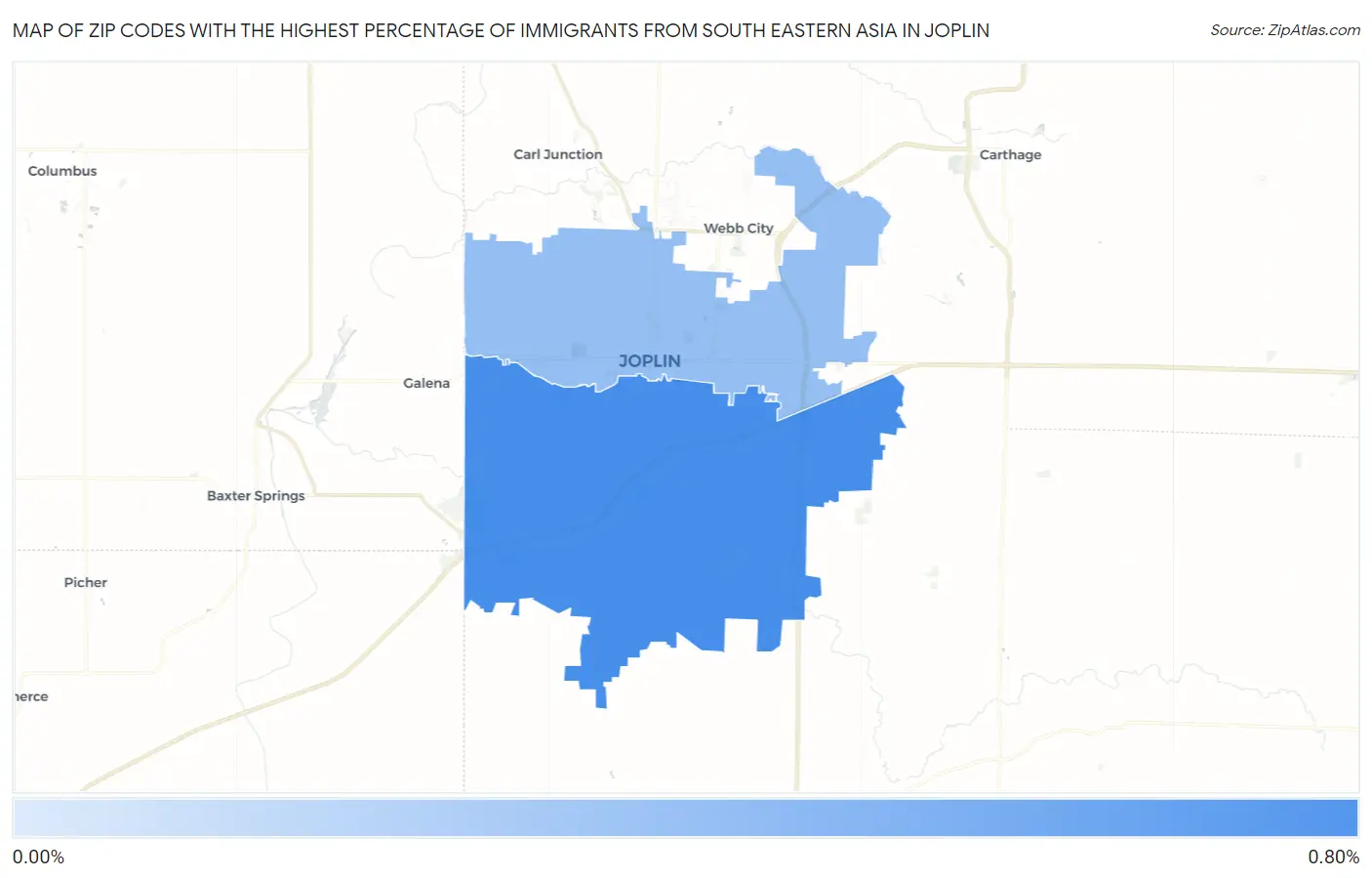 Zip Codes with the Highest Percentage of Immigrants from South Eastern Asia in Joplin Map