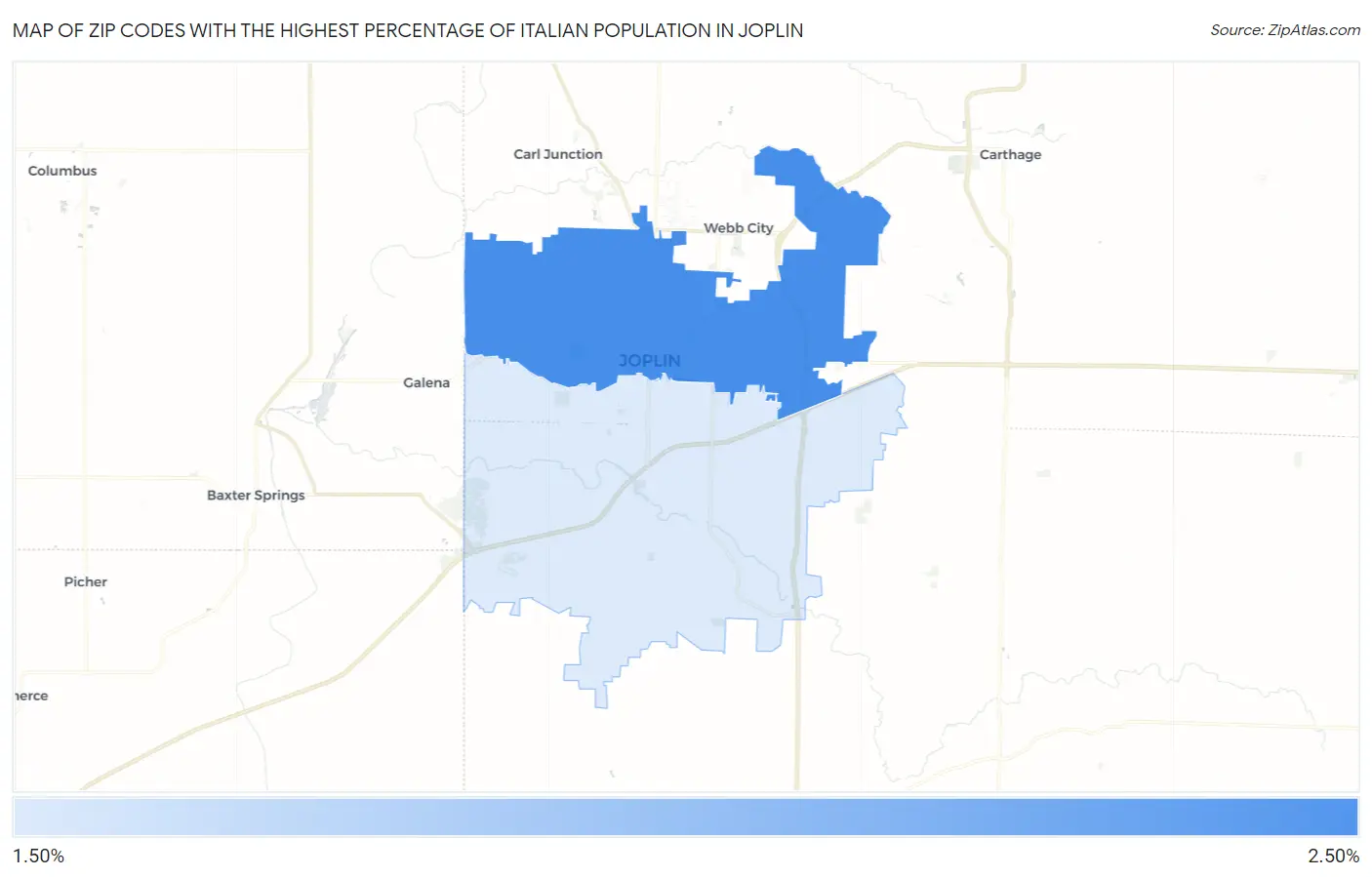 Zip Codes with the Highest Percentage of Italian Population in Joplin Map