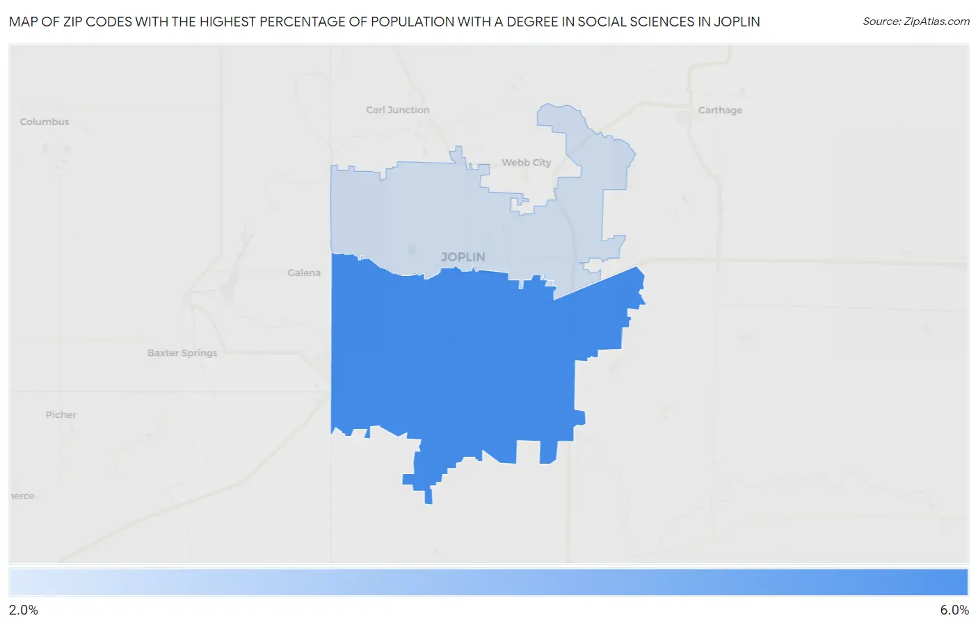Zip Codes with the Highest Percentage of Population with a Degree in Social Sciences in Joplin Map