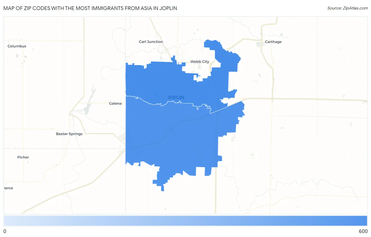 Zip Codes with the Most Immigrants from Asia in Joplin Map