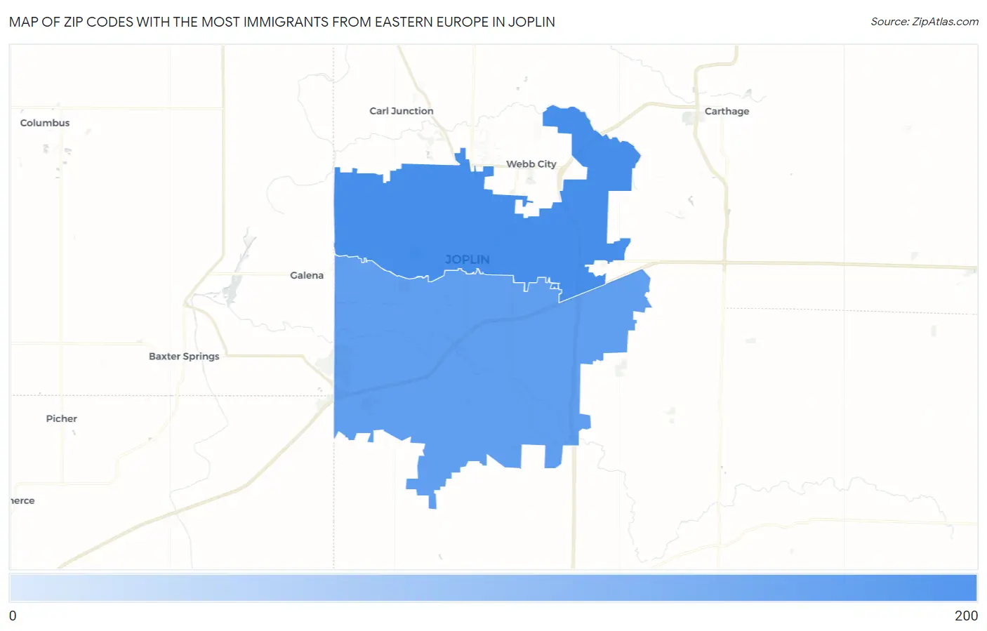 Zip Codes with the Most Immigrants from Eastern Europe in Joplin Map